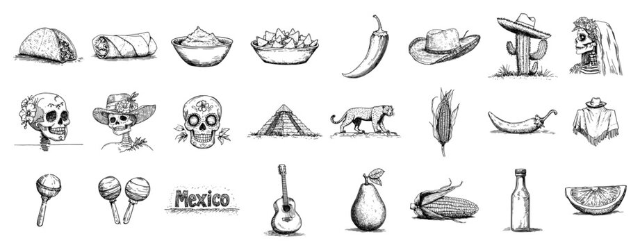 Mexican cultural symbols and food icons collection in vintage woodcut engraving style