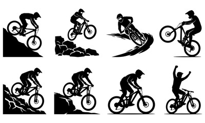 Fototapeta premium Mountain bike silhouettes downhill mtb rider rock drop drift berm jump wheelie and trail finish celebration