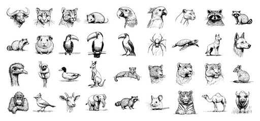 Fototapeta premium Animal kingdom icons and diverse species set in monochrome doodle style