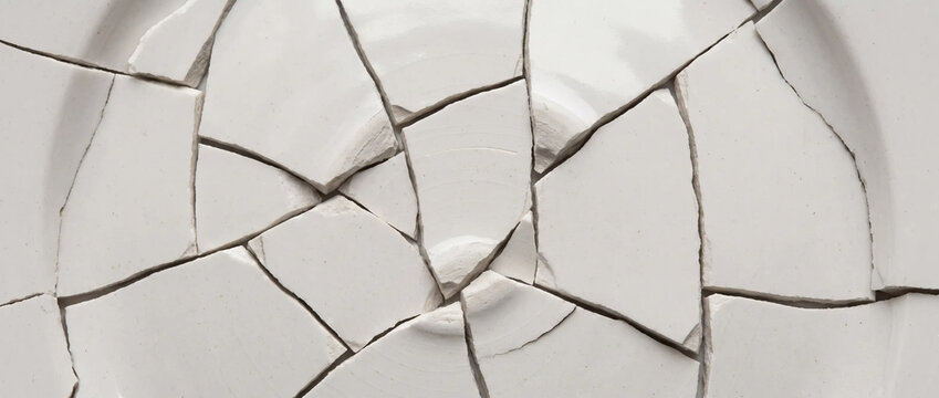 Shattered white ceramic plate pieces. Broken crockery fragments on surface