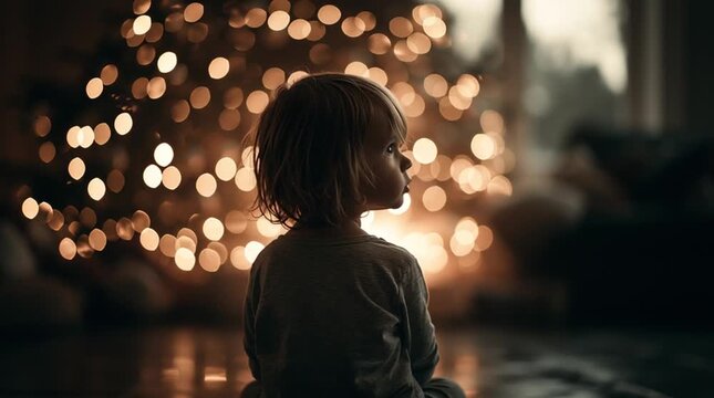 Christmas scene viewed from behind a small child gazing in wonder at sparkling ornaments on a huge glowing tree, with warm Christmas lights illuminating a cozy dark room.