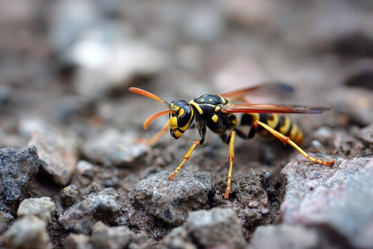 Yellow jacket wasp close-up. Black and yellow body, delicate wings. It navigates a rocky surface, gripping the stone