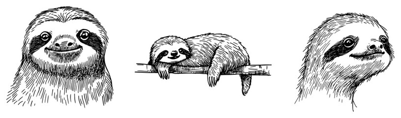 Fototapeta premium Sloth collection featuring portrait heads and animal resting on branch in vintage woodcut engraving style