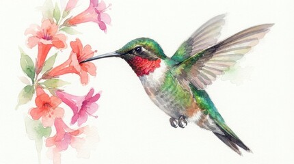 Fototapeta premium Watercolor hummingbird flying near pink flowers