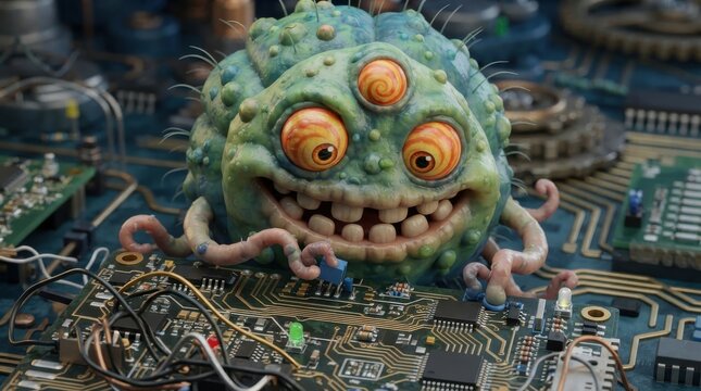 Funny mutant monster touching a computer circuit board