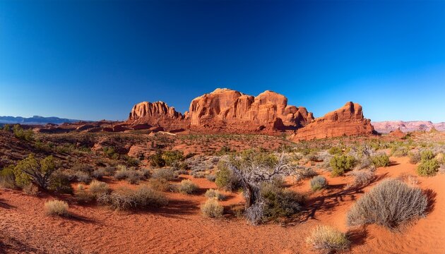 panoramic desert vista featuring red rock formations under a brilliant cloudless blue sky