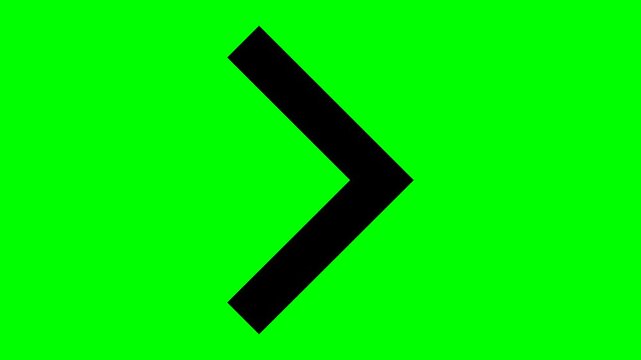 Black arrow icon pointing right isolated on a vibrant green screen chroma key surface