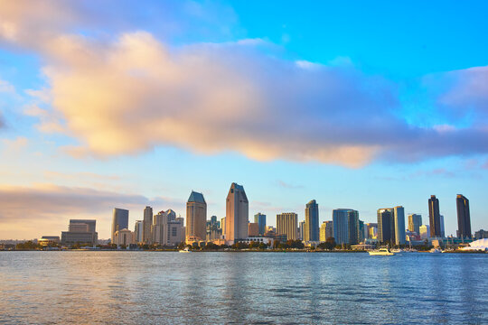 San Diego Skyline Bayfront and Cloudy Golden Hour Sky California Waterfront