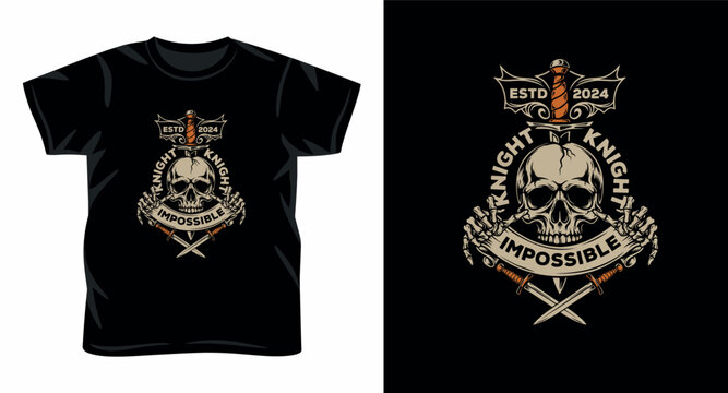 Gothic knight skull pierced with dagger dagger and crossed swords vector emblem for hardcore biker streetwear.