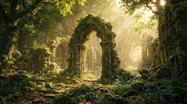 Ancient stone arch ruins overgrown with moss in a lush sunny forest