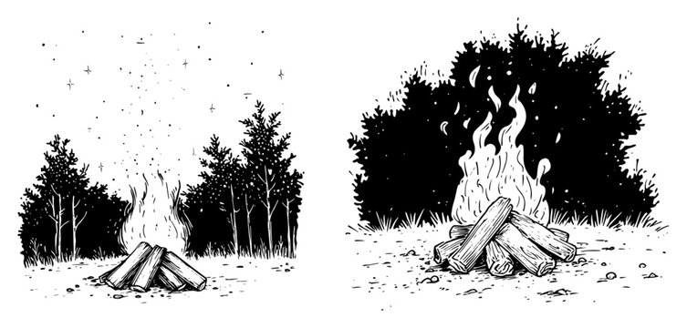 Campfire burning in front of forest trees at night in bold sketch style