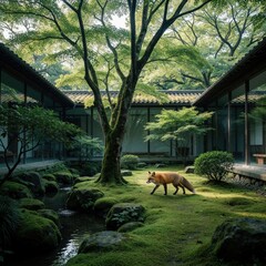 Fototapeta premium Red fox walks through mossy courtyard garden with flowing stream and rich trees. Calm animal explores tranquil Japanese aesthetic surroundings, quiet nature.