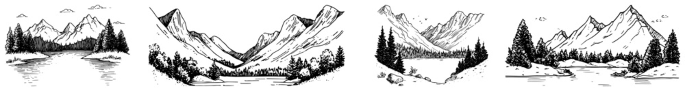 Mountain landscape set with lakes and pine forests in hand drawn sketch style