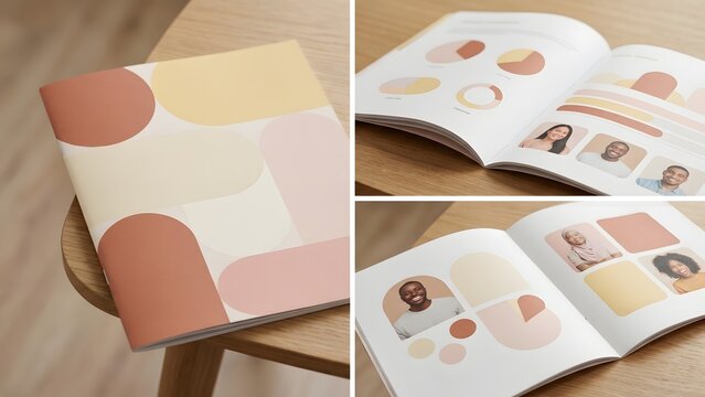 Digital art collage of a closed brochure with abstract geometric pattern in pastel colors and open pages showing charts and diverse portraits.