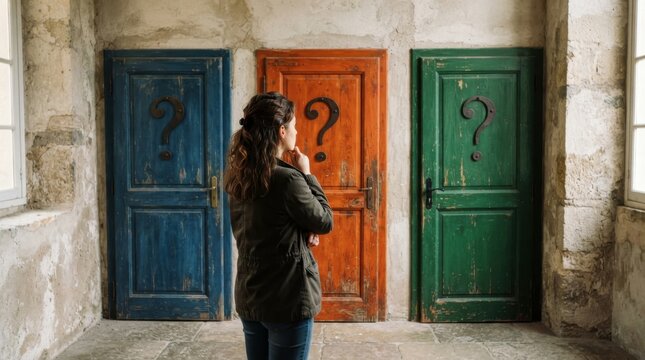 Woman facing three colorful doors with question marks