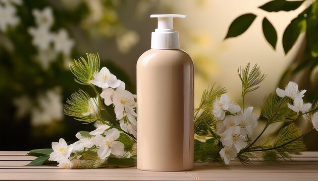 product photography of an organic shampoo bottle with a white cap and beige body