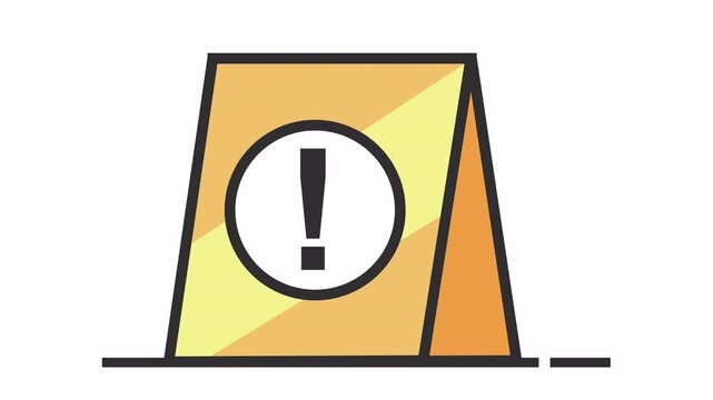Yellow caution wet floor sign with exclamation mark cartoon animation for floor warning icon and safety hazard symbol isolated on an alpha channel.