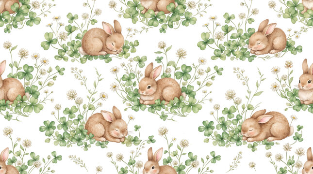 Cute watercolor pattern with brown bunnies and green grass