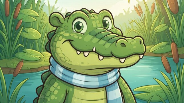 Cute cartoon crocodile wearing a scarf by a river