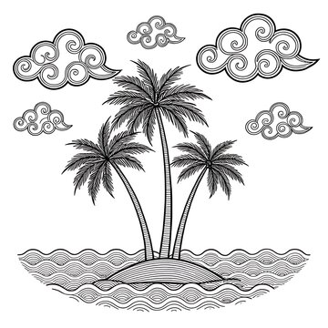 Three palm trees on a small tropical island with clouds and ocean