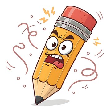 Angry cartoon pencil with eraser shavings flying around