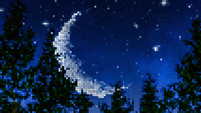 Retro 8-bit style dark night sky with shining moon, stars, and dark forest trees for vintage game or nature backgrounds.