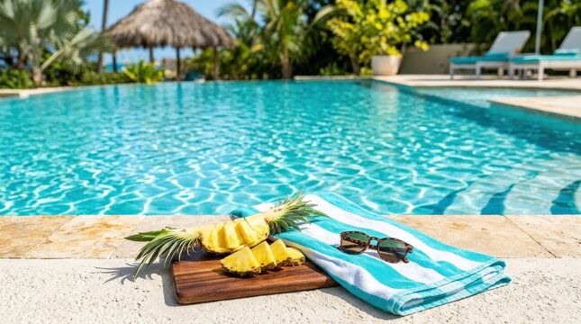 Tropical poolside relaxation with pineapple slices and sunglasses on a towel