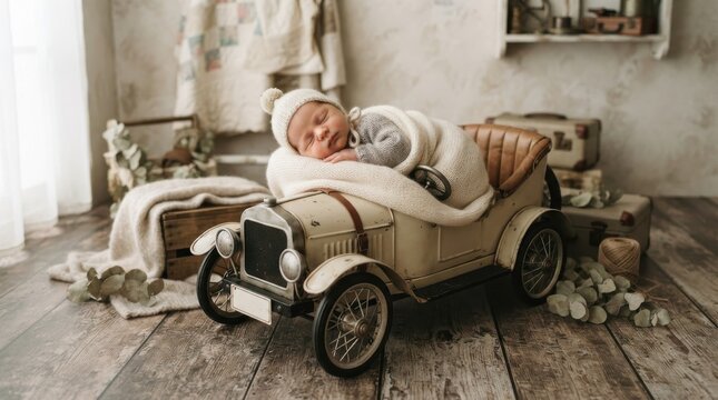 Sleeping newborn baby wrapped in blanket inside vintage toy car