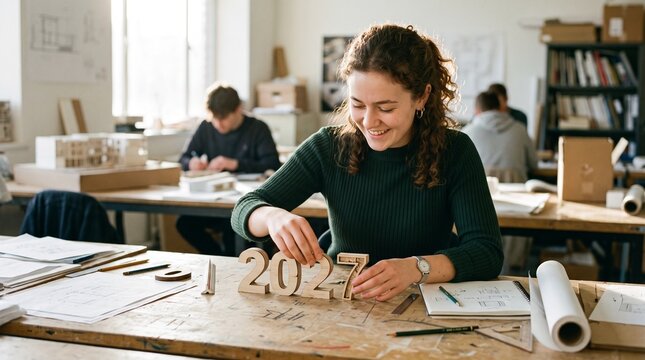 Diverse young architects collaborate on 2027 vision board, crafting future designs with hope and anticipation