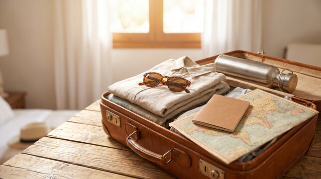 Open vintage leather suitcase packed for summer vacation with folded linen shirt, sunglasses, metal water bottle, and paper world map