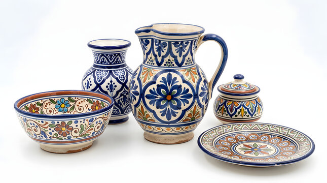 Collection of Hand Painted Ceramic Dishes with Blue Floral Patterns and Earth Tones