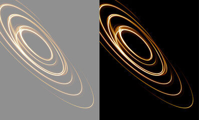 Golden glowing light rings spiral swirl photo overlay. Luminous golden orbital light trail swirl. Concentric gold light orbits tilted rings isolated on grey and black background © Olena