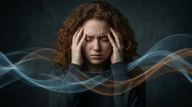 A woman holds her head in distress, visualizing intrusive memory and anxiety through an abstract wave overlay.