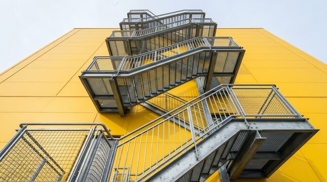 Low angle view of a modern metal external fire escape staircase on a yellow building facade.