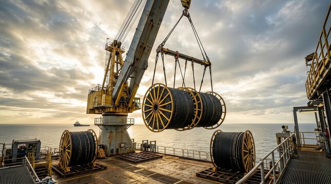 Offshore platform crane lifting armored umbilical cable spools for subsea field tieback operations.