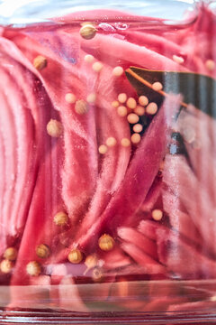 Pickled red onion in jar with mustard seed and spice