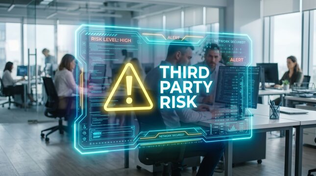 Cybersecurity warning alert system identifying third party risk from external vendor supplier threats.