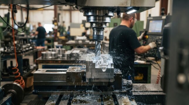 CNC milling machine cutting metal part with coolant spray in factory