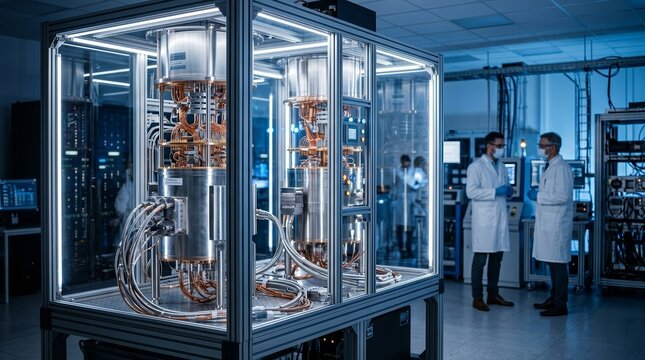 Advanced quantum computing setup with quantum annealers inside cryogenic dilution refrigerators.