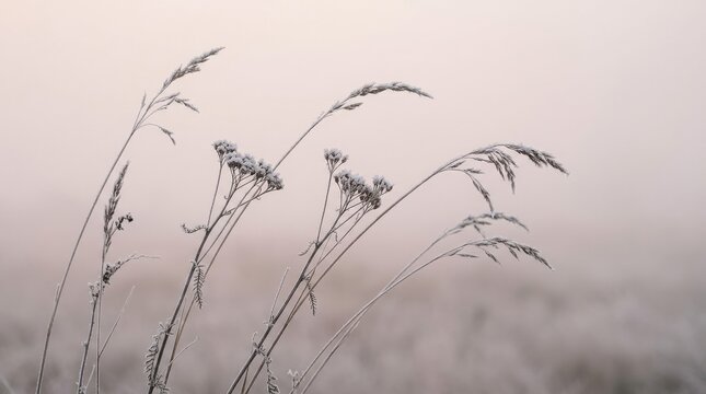 Delicate frost-covered seed stems sway gently in the soft morning light