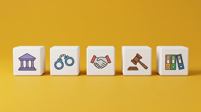 Five white cubes with legal icons representing the judicial system on a yellow background.