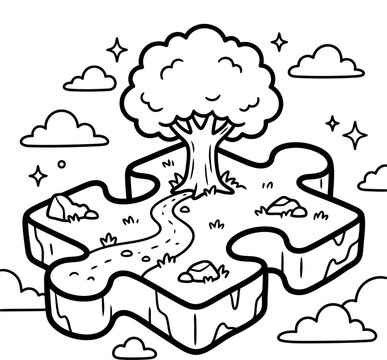 Nature and connection concept with a tree growing on a puzzle piece island