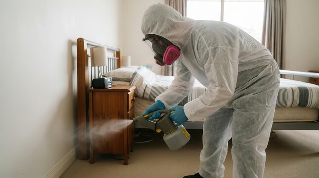 Professional cleaner in hazmat suit sanitizing bedroom with disinfectant spray