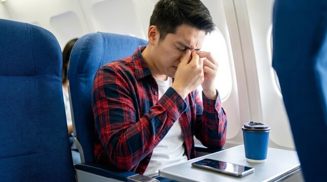 Tired young man experiencing travel stress and a headache during a long flight.