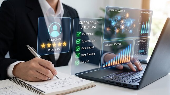 customer onboarding checklist and client success management system. csat rating and retention analytics. professional reviewing revenue growth chart while typing on laptop.

