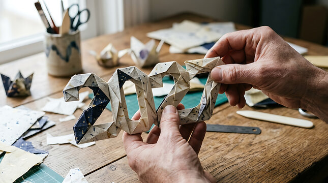 Hands crafting origami 2027 numbers for New Year vision boards and festive planning, symbolizing hope and new beginnings