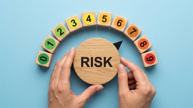 A hand turning a wooden cube to set a risk level indicator rating from low to high on a blue background.
