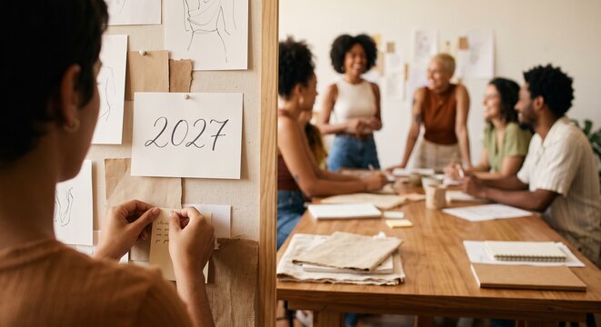Diverse Brazilian team collaborates on vision board for 2027, planning future goals with optimism and community spirit