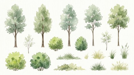 Obraz premium Watercolor illustrations of various trees and grass tops for landscape design.
