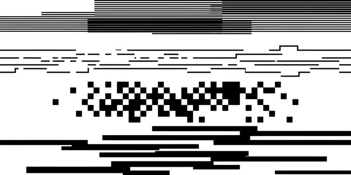 Abstract digital glitch pattern with black and white pixel blocks and horizontal lines Vector